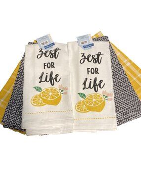 LOT of 6 Kitchen Hand Tea Dish Towels Lemon Zest For Life Black White Yellow Set